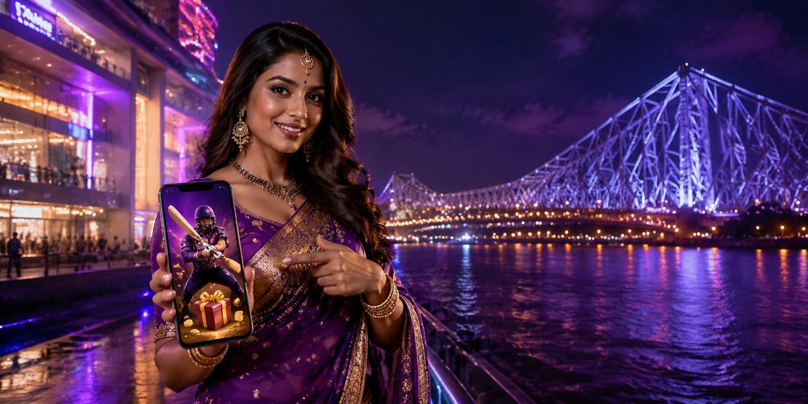 Kolkata Howrah Bridge illuminated at night with neon cricket betting theme