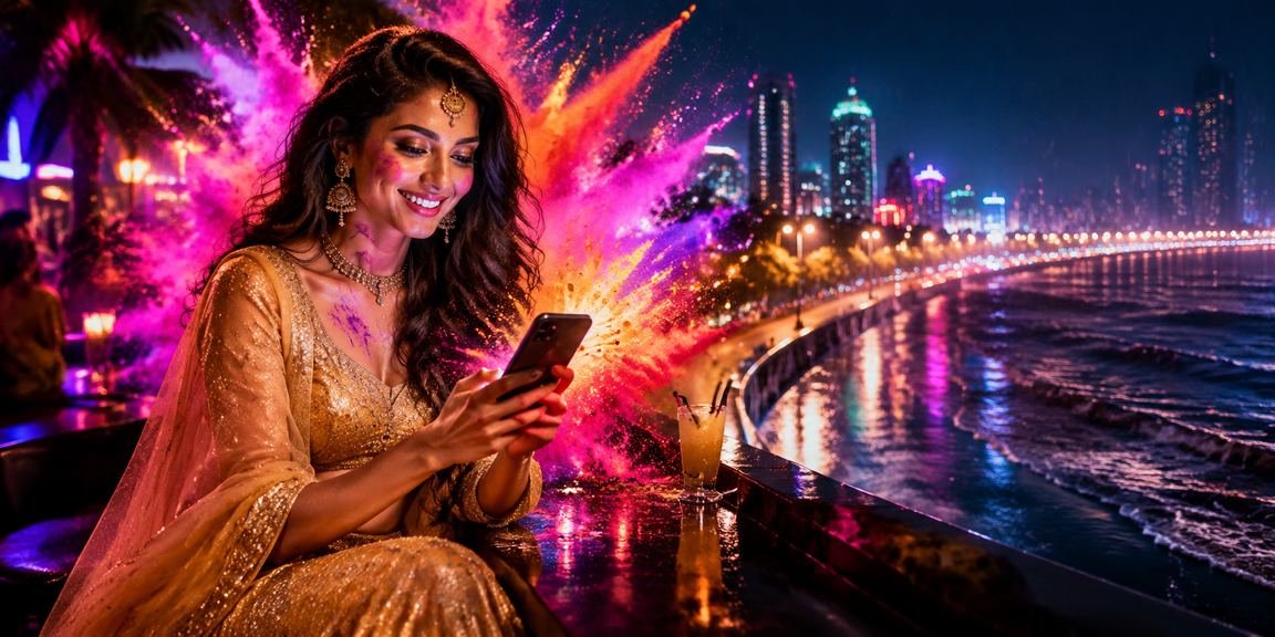 Nighttime mobile live casino session in Mumbai with elegant players
